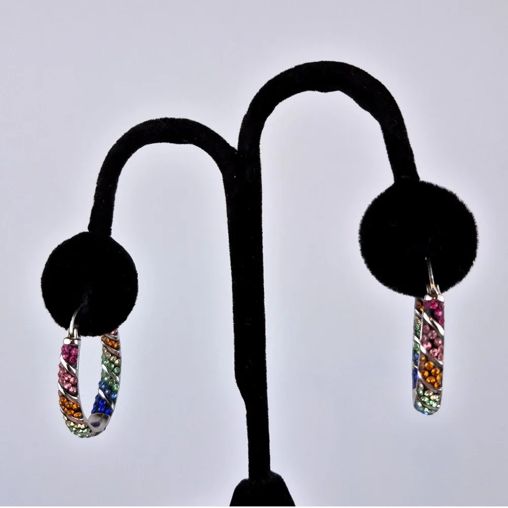 Rainbow CZ Hoop Earrings Set with Adjustable‎ Bolo Bracelet Pride Sparkly Glam